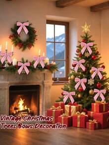 12 件圣诞蝴蝶结，粉色天鹅绒圣诞树蝴蝶结，扭结蝴蝶结，用于礼品包装、花环、工艺品、家居、婚礼、派对装饰、小型圣诞装饰（9*9 厘米） - 粉色 - 查看 4