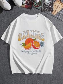 Camiseta gráfica naranja vibrante para mujer con un fresco estampado de Malibú de California. Ligera y cómoda, esta camiseta informal con un moderno diseño de frutas es perfecta para el verano. Hecha de suave algodón, ¡es una prenda esencial en tu armario! Talla extragrande. - Blanco - Ver 3