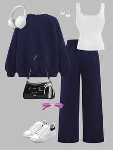 少女秋冬三件套，深蓝色字母图案长袖宽松上衣、背心和运动裤，美式休闲街头风。 - 藏蓝色 - 查看 3