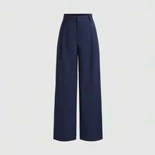 Vela Rue Hook & Zipper Closure Slim Fit Solid Navy Blue Wide Leg Trousers, Suitable For All Seasons