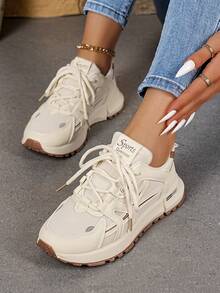 1 Pair Sporty Thick-Sole Air Cushion Lace-Up High-Top Breathable Running Shoes, Casual Sneakers - Khaki - View 2