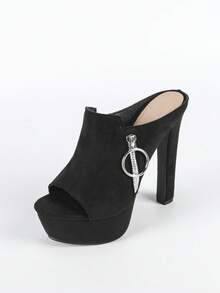 Women's Fashion Platform Thick Heel Sandals, Summer High Heel Wedge Sandals With Silver Round Zipper And Open Toe - Black - View 7