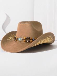 1PC 民族风格木珠装饰链刺绣高顶礼帽，欧美流行的西部牛仔帽，时尚简约百搭爵士帽，适合日常佩戴、生日派对、万圣节、西部主题活动、音乐节、音乐节等。 - A - 查看 4