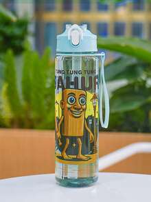 1pc 750ml/26oz Shan Hai Jing Themed Transparent Water Bottle - Leak-Proof Straw Lid, Portable Handle, Prominent Letter Print Design, Suitable For Hiking, Camping, Outdoor Sports, Cycling