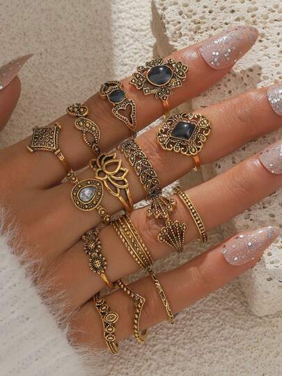 15pcs Vintage Gold-Tone Crystal Flower & Water Drop Shaped Ring Set, Fashionable & Versatile For Daily Wear (Size Runs Small, Please Handle With Care When Trying On)