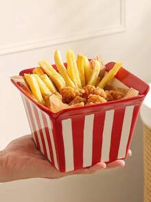 Cartoon Striped Ceramic French Fry Bucket, 750ML, Essential For Home Movie Nights, Popcorn Storage Container, Living Room Kitchen Snack Box, Home Decor (1pc) - Multicolor - View 1