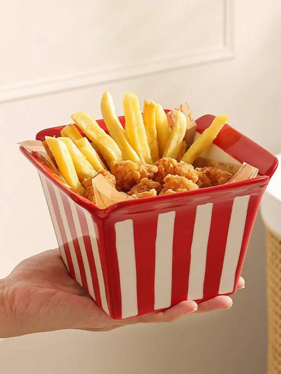 Cartoon Striped Ceramic French Fry Bucket, 750ML, Essential For Home Movie Nights, Popcorn Storage Container, Living Room Kitchen Snack Box, Home Decor (1pc) - Multicolor - View 1