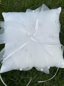 1 pieza Cojín para anillos de boda, cojín portador de anillos de encaje y perla color marfil para la ceremonia de boda - Beis - Ver 6