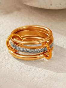 1 chiếc nhẫn kim cương vuông mạ vàng 18K sáng bóng, thép không gỉ chống thấm nước và chống phai màu, thích hợp đeo hàng ngày, dự tiệc, làm quà tặng Ngày của Mẹ - Vòng 4 (3 lớp) - Xem 5