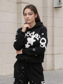 Women's And Men's Fashion Street Hoodeds And Pants- Playful Star And Letter Print, Loose Casual Design, Preferred Daily Sports And Streetwear  Colorblock  Letter  Star    Casual    Pocket  Drawstring - Áo nỉ đen trắng - Xem 3