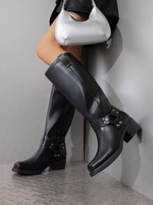 Women's Square Toe Motorcycle Knee High Boots Riding Pull-On Fashion Chunky Low Heel Buckle Decorated Long Boots For Women