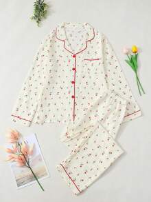Women's Floral Print Pajama Set, Long Sleeve & Pants, Casual Spring & Fall Sleepwear, Comfortable Woven Fabric, Fashion Home Wear - 紅色 - 查看 1