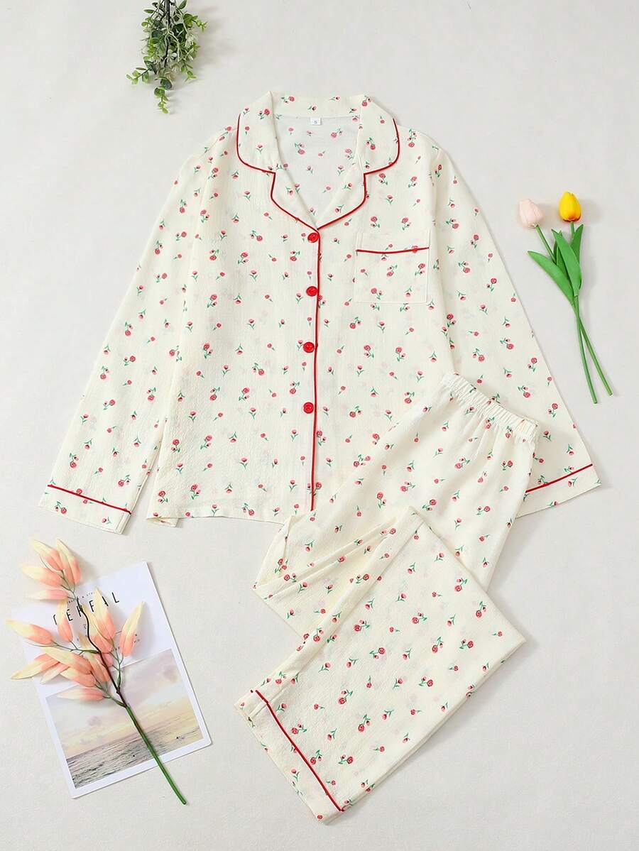 Women's Floral Print Pajama Set, Long Sleeve & Pants, Casual Spring & Fall Sleepwear, Comfortable Woven Fabric, Fashion Home Wear - 紅色 - 查看 1