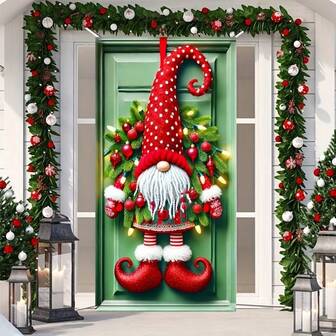 节日圣诞节小矮人花环配波尔卡圆点帽和彩灯 - 涤纶门套，室内/室外节日装饰，适用于家庭入口、花园和庭院 - 89.99 X 179.98 厘米，圣诞装饰