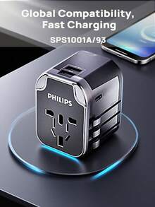 PHILIPS 通用旅行适配器 SPS1001A/93，轻巧便携，快速充电，升级版 USB 充电功率，二合一设计，适用于英国、美国、欧洲、日本、澳大利亚等国家，英式插头 (220-240V)