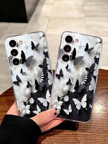 1pc Black & White Contrast Butterfly Flower Transparent Soft Phone Case Compatible With Samsung Galaxy A04e/12/A13/A14/A34/A50/A52/A53/A54/S21/S22/S23/S24/S25/S25Ultra
