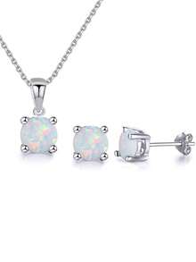 1 Set 925 Sterling Silver Mystical Blue Fire Opal Round Stud Earrings And Pendant Necklace Jewelry Set, Engagement/Party/Holiday Gift For Women - Blue - View 6