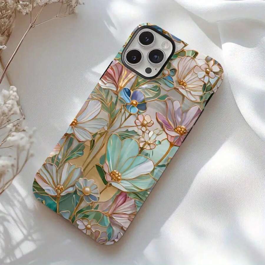 Romantic Floral Aesthetic Stained Glass Phone Case For IPhone 16 IPhone 16/15 IPhone 14 IPhone 13 Pro Max, Wildflower Phone Case - trắng - Xem 1