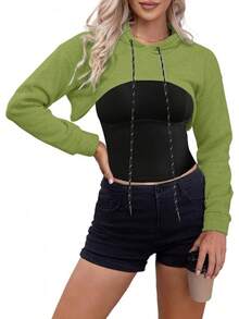 Women Crop Top Pullover Sweatshirt Long Sleeve Drawstring Hoodie - 軍綠色 - 查看 4