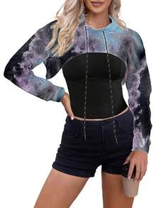 Women Crop Top Pullover Sweatshirt Long Sleeve Drawstring Hoodie - 黑色紫色 - 查看 4