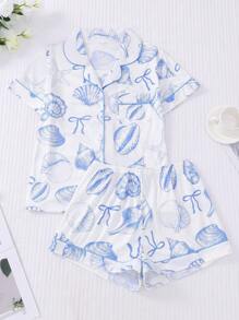2pcs/Set White Background Blue Shell Print Plus Size Sleepwear Set For Women, Short Sleeve Collared Button Soft Top And Loose Elastic Shorts, Beautiful Stylish Everyday/Pajama/Party Outfit, Comfy Home & Outdoor Casual Loungewear - Blue and White - View 1