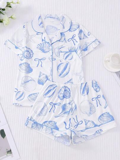 2pcs/Set White Background Blue Shell Print Plus Size Sleepwear Set For Women, Short Sleeve Collared Button Soft Top And Loose Elastic Shorts, Beautiful Stylish Everyday/Pajama/Party Outfit, Comfy Home & Outdoor Casual Loungewear