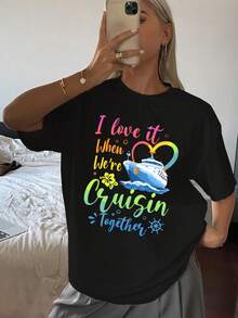Camiseta informal para mujer con estampado de cruceros. Ligera y cómoda, perfecta para vacaciones, ideal como regalo, top de verano, tejido suave, estilo viajero, ropa informal, disponible en varias tallas, ideal para amantes de los cruceros y las aventuras en el mar. Talla extragrande. - Negro - Ver 1