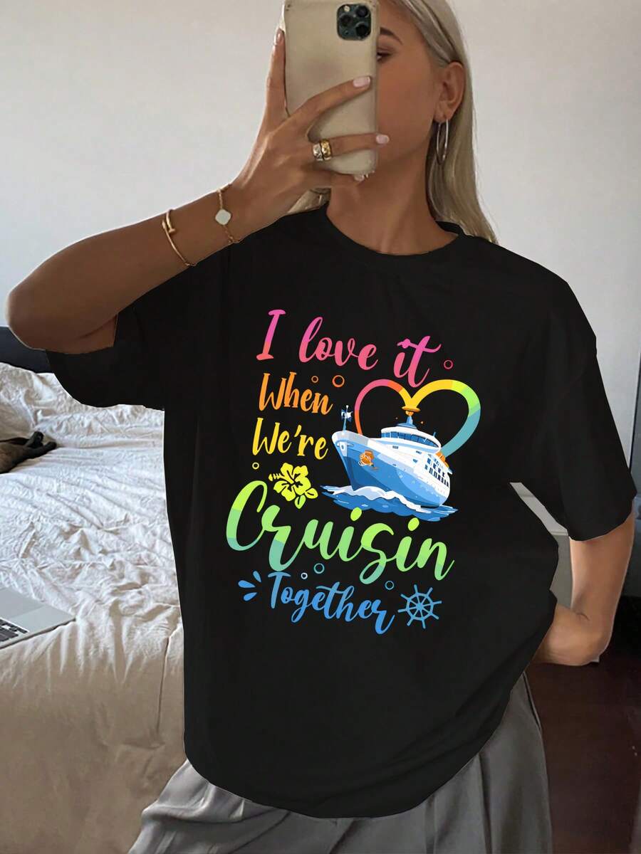 Camiseta informal para mujer con estampado de cruceros. Ligera y cómoda, perfecta para vacaciones, ideal como regalo, top de verano, tejido suave, estilo viajero, ropa informal, disponible en varias tallas, ideal para amantes de los cruceros y las aventuras en el mar. Talla extragrande. - Negro - Ver 1