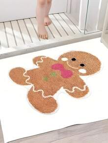 1pc Christmas Gingerbread Man Mat – Soft Faux Cashmere, Lightweight, Washable, Non-Slip & Fluffy | Festive Design With Pink Bowknot & Green Icing, For Christmas, Thanksgiving & Bedroom/Living Room Decor - Multicolor - View 4
