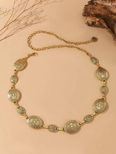 Cadena de cintura con flor hueca de estilo vintage punk para mujeres, cadena decorativa de cintura de moda retro, adecuada para la playa, con patrón de diamante, de aleación de zinc, de estilo retro punk, apta para primavera/verano/otoño/invierno