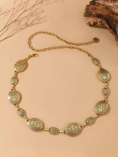 Cadena de cintura con flor hueca de estilo vintage punk para mujeres, cadena decorativa de cintura de moda retro, adecuada para la playa, con patrón de diamante, de aleación de zinc, de estilo retro punk, apta para primavera/verano/otoño/invierno