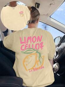 Plus Size Women's Casual Lemon Print Round Neck Short Sleeve T-Shirt, Suitable For Spring, Summer, Autumn, Vacation - Apricot - View 3