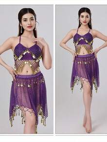 Belly Dance Mesh Halter Crop Top With Dangling Coins, Asymmetric Sheer Skirt With Coin Trim For Stage Performance & Carnival - Multicolor - View 3
