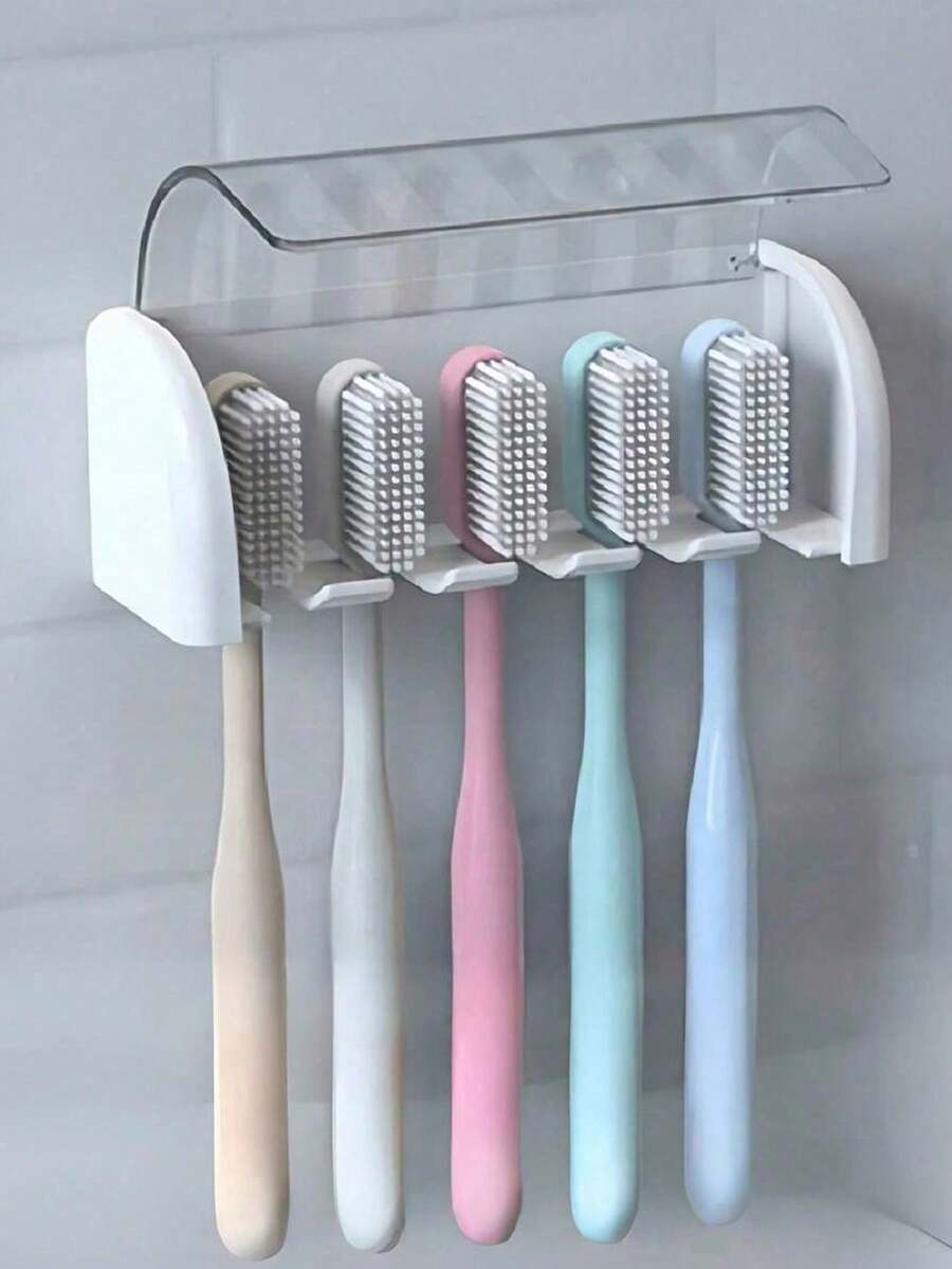 1 Piece Punch-Free Wall Mounted Toothbrush Holder With Cover, Electric Toothbrush Storage Rack, Toothpaste Holder, 2/5/6 Slot Self-Adhesive Toothbrush Organizer, Bathroom Storage Accessories (White), Back To School Home Bathroom Decor - Multicolor - View 1