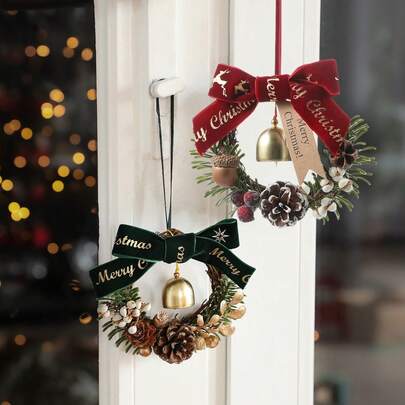 圣诞花环 红绿铃铛蝴蝶结创意花环门挂圣诞树松果藤蔓吊坠礼物 节日派对氛围门挂墙挂圣诞装饰