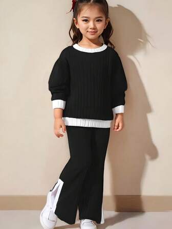 女童罗纹拉绒拼布长袖上衣和裤子两件套，秋季