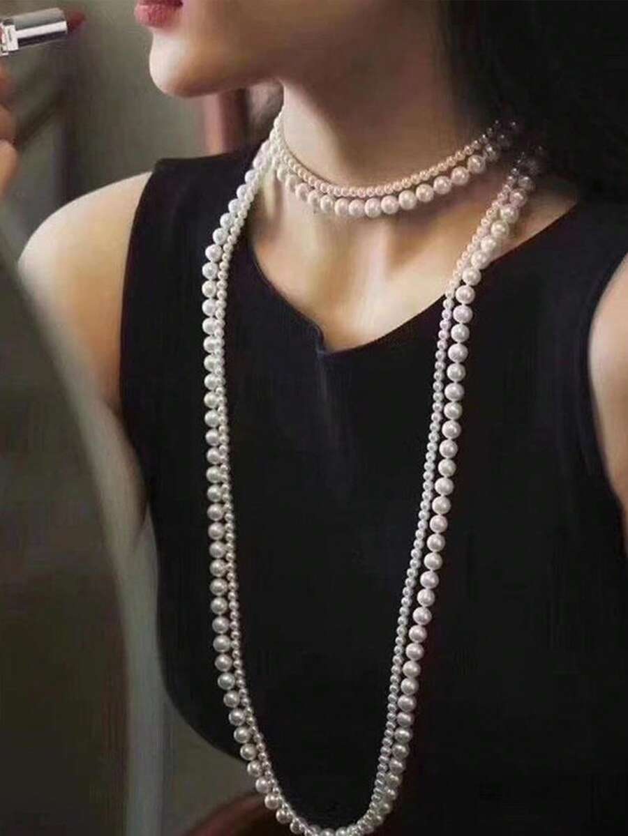1PC Pearl Necklace Women Long Dress Accessories Double Cap Spring Autumn Sweater Chain Luxury Necklace
