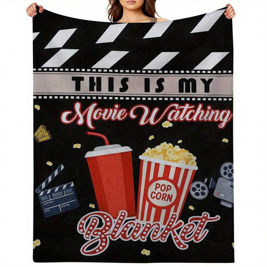 Cozy Movie Night Flannel Blanket - Soft  Polyester With HD Digital Print Popcorn, Soda & Film Reel Design, Black Background & Neon Accents, Super Soft Flannel Printed 3D Blanket, As Birthday Gifts, Family, Wedding, Souvenir Blankets, Polyester Blankets Suitable For All Seasons, Washable, Machine Washable, Lightweight, Breathable, Comfortable, Warm, Unique, 280gsm For Him, Her Personalized Ideal Gifts For Her, Him, Family, Boyfriend, Girlfriend, Father, Family, Mother, Lover, Daughter, Son, Grandfather, Grandmother, Friend, Classmate, Pet. Perfect Nap, Camping, Travel, Home, Daily Life, Office Decoration, Birthday, Anniversary, Valentine's Day, Thanksgiving, Christmas, Halloween, Mother's Day, Father's Day, Wedding, New Year Gifts ,Sofa,Bed,Car,Bedroom,Living Room,Office,  Outdoor Camping, Beach,Wall Decoration - 多色2 - 查看 1