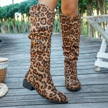 European And American Pointed Leather Boots; High-End Mid-Calf  Boots With Leopard Pattern; 2025 Mid-Heeled - 豹紋 - 查看 8
