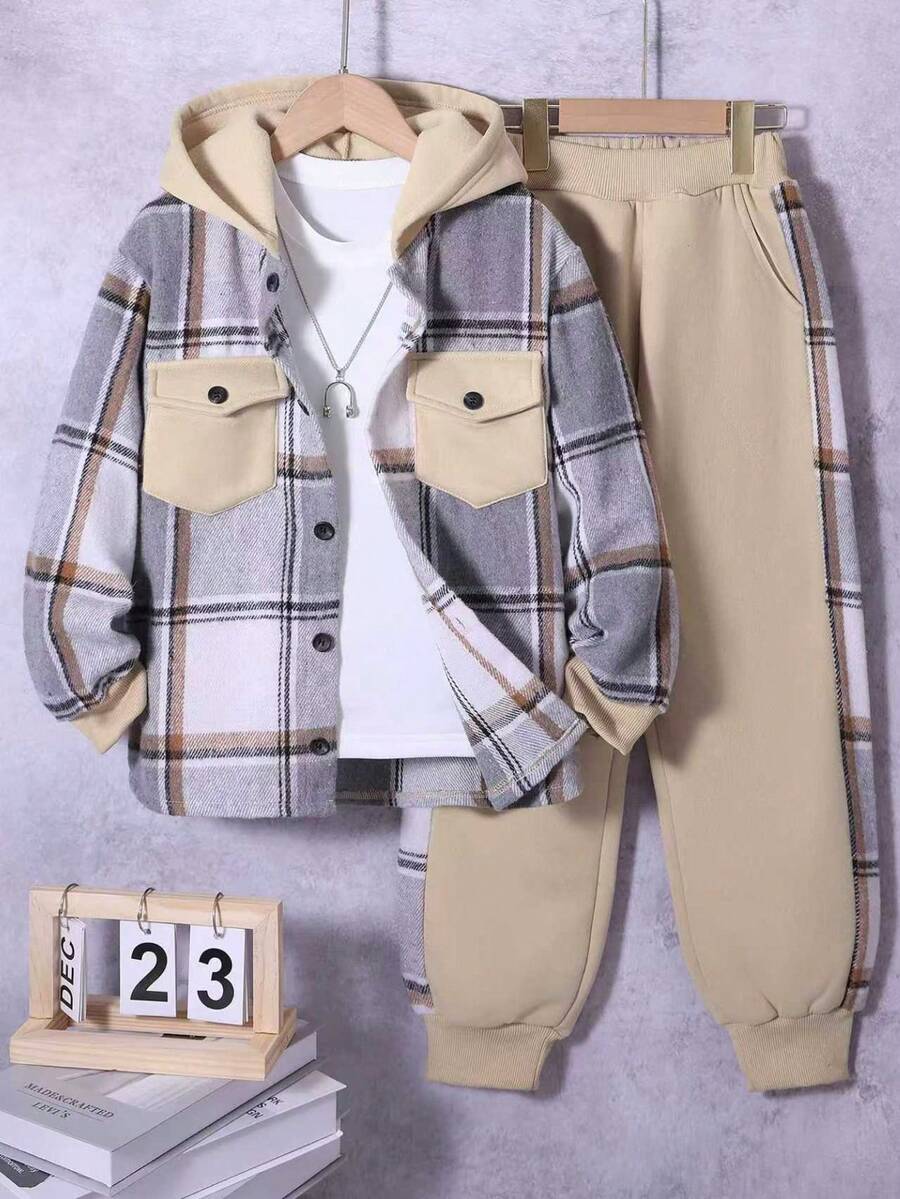 两件套男童格子连帽衫带口袋和运动裤套装，休闲百搭，适合秋冬季 - 卡其色 - 查看 1