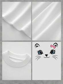Camiseta con estampado de cara de gato para mujer, estilo casual, suave y cómoda, cuello redondo a la moda, disponible en varias tallas, ¡ideal para regalar! Talla extragrande. - Blanco - Ver 4