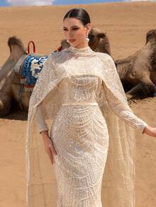 Faeriesty Valentine's Day Haute Glamour Luxe Two Pieces Sparkly Beaded Gown Set: Beaded Sequin Mermaid Gown & Fish Scale Beaded Cape, Long Sleeve Sheer Design With Cinched Waist - Elegant Bridal & Evening Wear Perfect For Weddings, Red Carpet Events, And Formal Galas For Women Birthday Outfit Clothes - Champagne - View 6