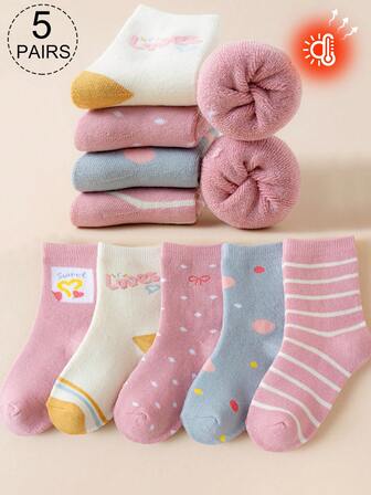 5 Pairs Girls' Wool Blend Mid-Calf Socks, Solid Colors, Contrast Colors, Cartoon Letters, Polka Dots, Bows, Stripes, Suitable For Autumn & Winter, Soft, Warm, Thick, Simple, Cute, Fashionable, Versatile For Daily Wear