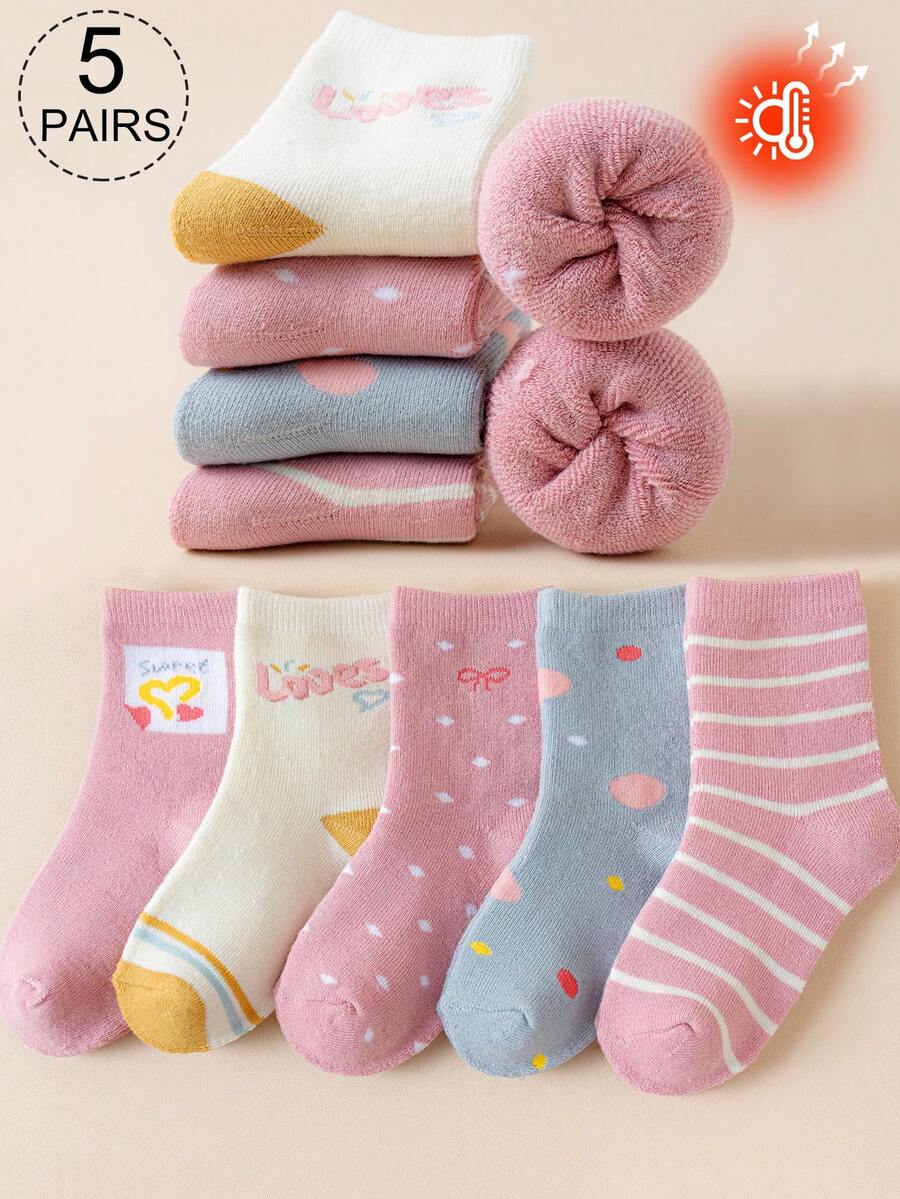 5 Pairs Girls' Wool Blend Mid-Calf Socks, Solid Colors, Contrast Colors, Cartoon Letters, Polka Dots, Bows, Stripes, Suitable For Autumn & Winter, Soft, Warm, Thick, Simple, Cute, Fashionable, Versatile For Daily Wear