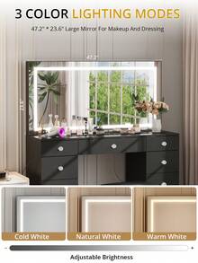 VOWNER 47.2" Large Vanity Desk With LED Lighted Mirror, Modern Makeup Vanity With Power Outlet, 9 Drawers And Soft Stool, 3 Color Light Modes, Brightness Adjustable, Bedroom Vanity Set Gifts For Girls Women, Halloween & Thanksgiving - Xem 3