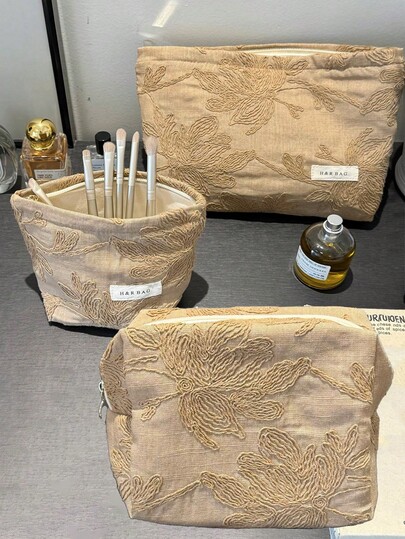 1pc/Set White Background Embroidered Leaf Pattern Cosmetic Bag, L/M/S Foldable Zipper Pillow Bag Storage Bag, Fashionable Y2K Multi-Functional Toiletry Bag, Large Capacity Makeup Bag, Makeup Bag, Cosmetic Bag, Skincare Bag, Toiletry Bag, Storage Box, Travel Essential, Beach Holiday Essential, Dorm Essential, Bridesmaid Gift, Mother's Day Gift, Birthday Gift, Gift For Friends And Teachers, Home Decor, Bedroom Decor, Jewelry Storage Box, Lip Gloss Storage Box, Nail Polish Storage Box - [H&R BAG]