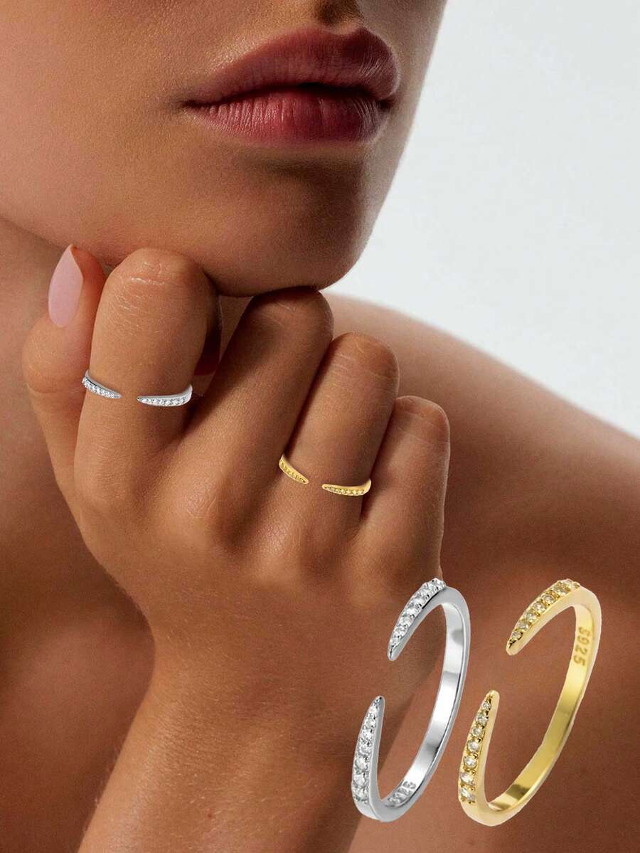 Anéis de Prata Esterlina S925 de Dupla Ponta, Anéis Geométricos Personalizados, Anéis Empilháveis Ajustáveis de Zircônia Cúbica Delicados Banhados a Ouro 14K, Bandas de Eternidade Minimalistas, Presente de Joias