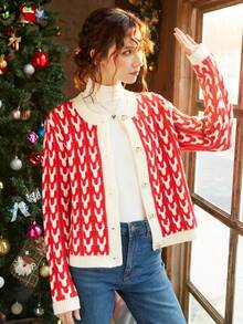 Knit Mix Elegant Women's Autumn/Winter Fashion Casual French Style Round Neck All-Over Print Colorblock Jacquard Front Button Long Sleeve Cardigan - Red - View 7