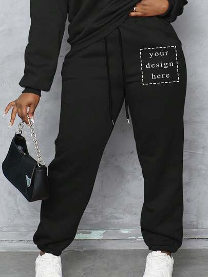 Customized Photo Plus Size Sporty Lounge Pants, Women's Casual Drawstring Warm Fleece Home Wear Joggers For Fall & Winter, Cozy