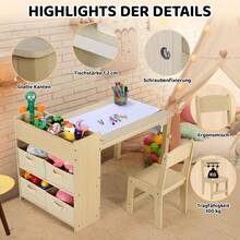 Kids Table And Chair Sets, Art Table With Storage Space, Wooden Children Drawing Table With Paper Wheels And 4 Storage Boxes, Toddler Table And Chairs Set For Drawing, Crafting, Writing, Learning - Amarillo - View 4